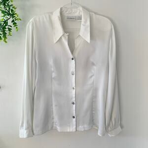 Liz Claiborne Vintage White Button Silky Polyester Collared Blouse 12